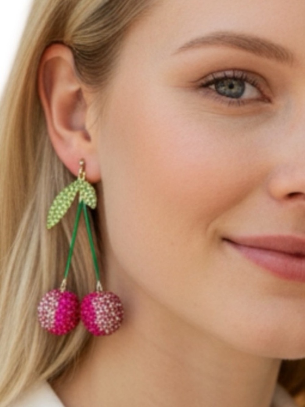 Piper K Rhinestone Glass Cherry Drop Dangle Earrings Bright Pink Green Gold
O